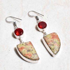 Unakite Garnet Handmade Drop Dangle Earrings Jewelry 2.4"